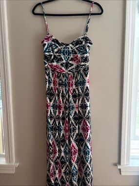 Ann Taylor White Maxi Dress with Teal, Pink & Black Ikat Print